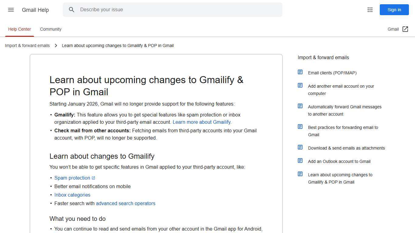 Learn about upcoming changes to Gmailify & POP in Gmail - Gmail Help